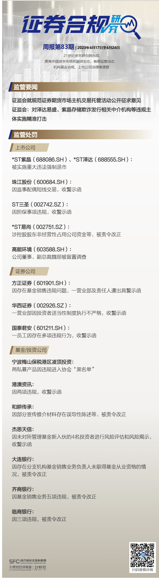 证券合规周报（第83期）丨证监会对泽达易盛、紫晶存储欺诈发行相关中介机构等违规主体实施精准打击<strong></p>
<p>和合期货</strong>，高能环境副总裁魏丽被留置调查
