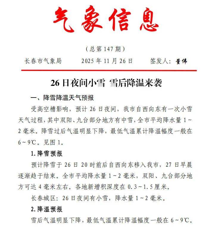 长春26日夜间小雪 雪后降温来袭